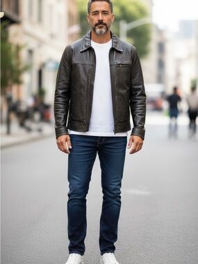 Armani Exchange Genuine Leather Jacket Large Black Zippered Luxe Quiet luxury